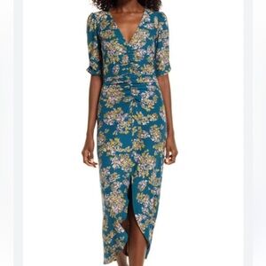 Charles Henry floral ruched midi dress in dark teal size small